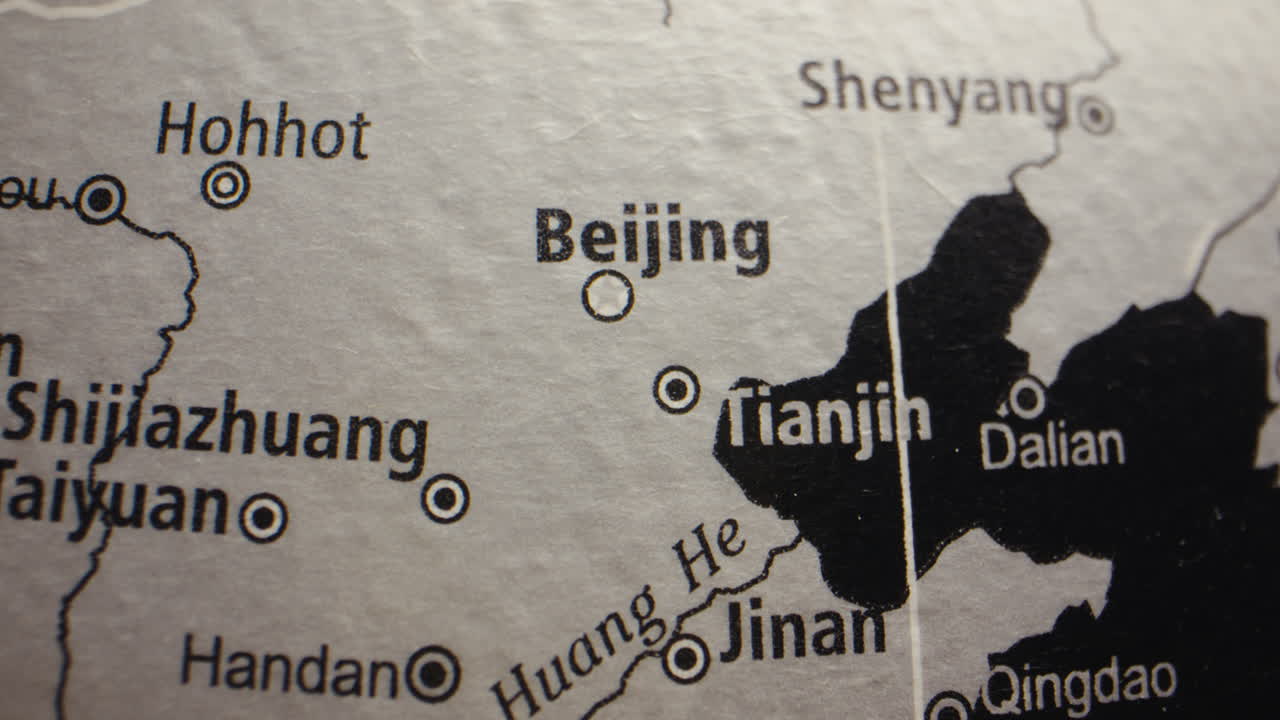 Close-up of a map showing cities in China, including Beijing and Tianjin