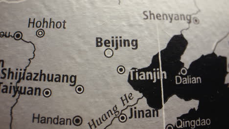 close-up of a map showing cities in china, including beijing and tianjin