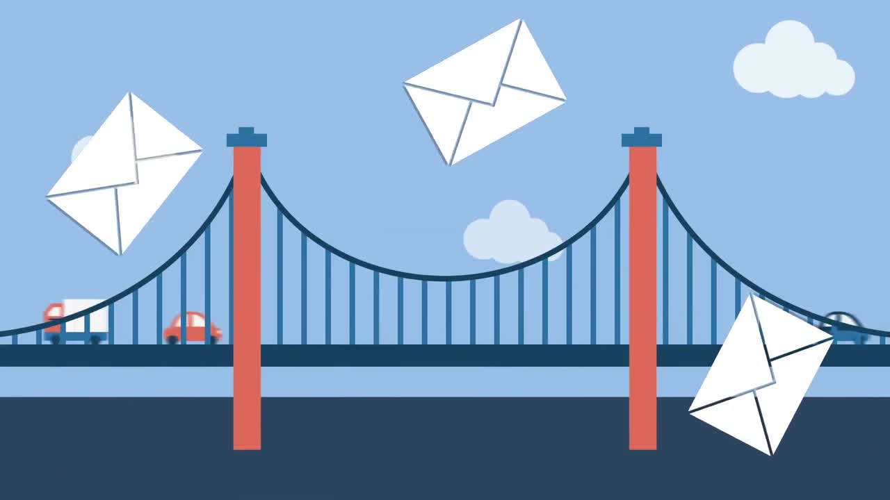 animación digital de un icono de mensaje múltiple cayendo contra vehículos en el puente contra el cielo azul