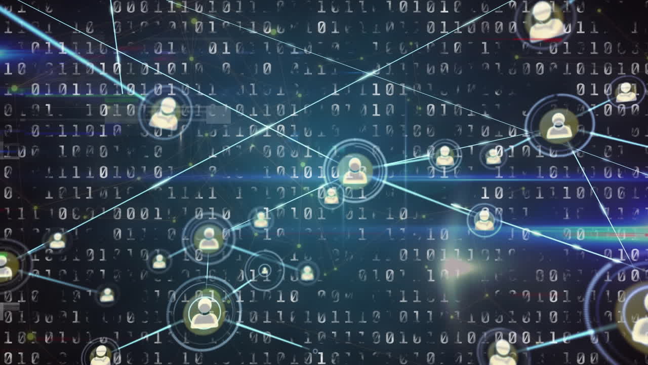 Animation of network of profile icons and blue light trails against binary coding data processing