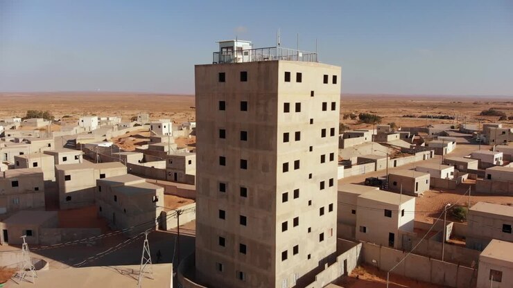 vista aerea di un grande edificio in una vecchia città vuota in palestina vicino a gaza nel deserto mentre la telecamera si sposta in avanti rivelando il resto della città