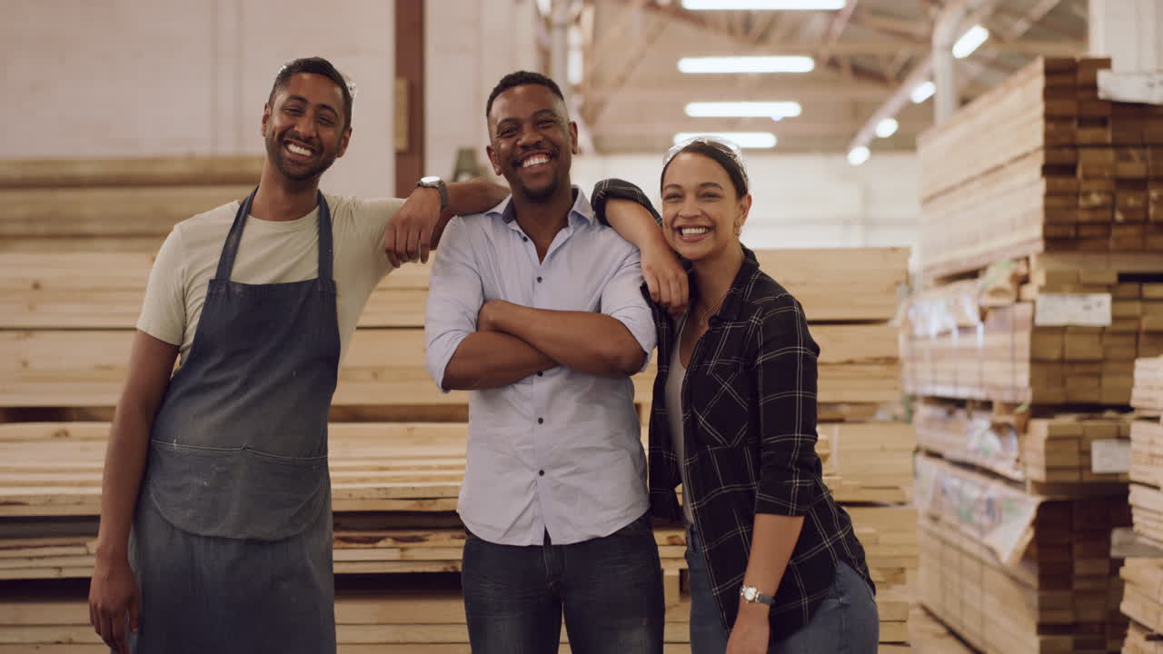 Happy Woodworking Team in Warehouse