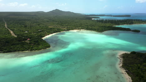 Isla-De-Pinos,-Laguna-De-Nueva-Caledonia,-Playa-Y-Lejano-Pico-N&#39;ga-En-El-Bosque-De-Pinos-Columnares-De-La-Isla---Avance-Aéreo