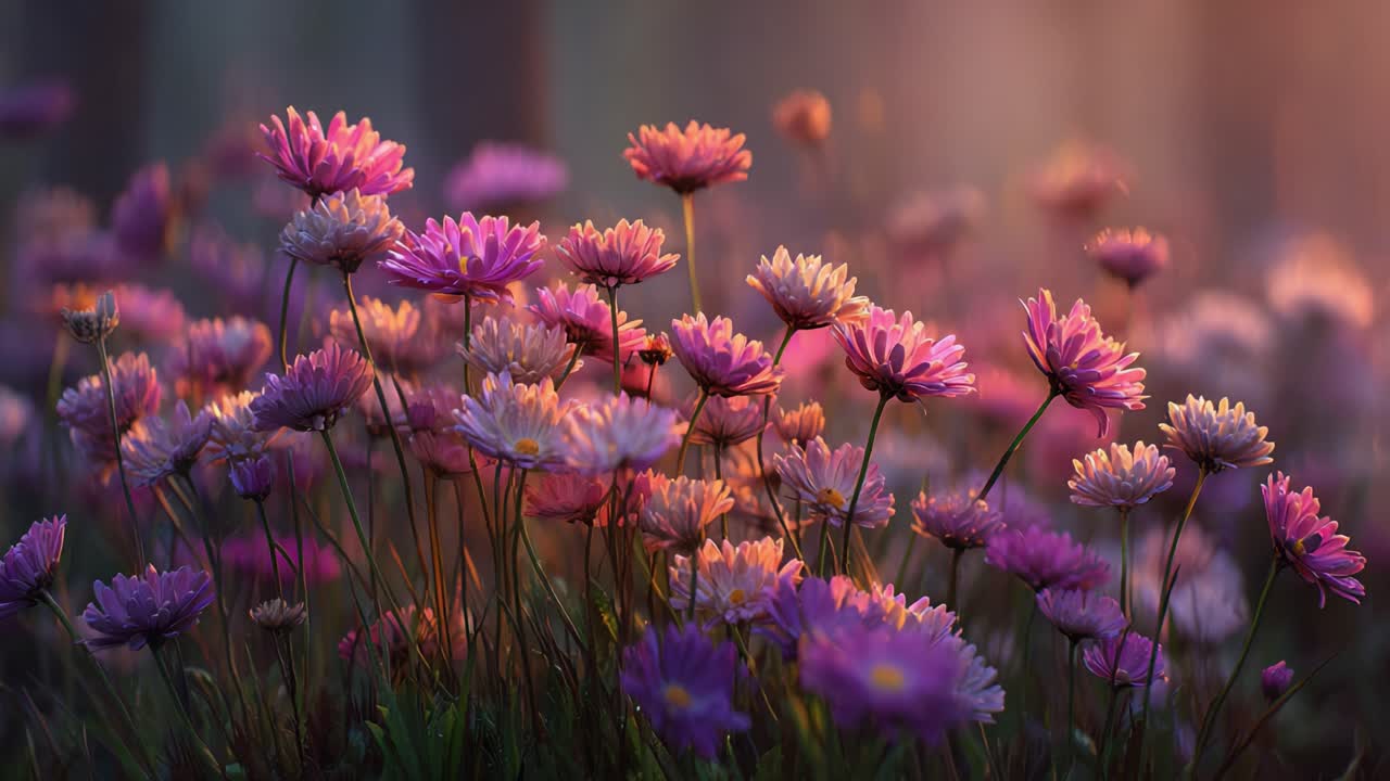 Una splendida esposizione di fiori rosa e viola in fiore illuminati da una luce naturale soffusa in un sereno ambiente boschivo.