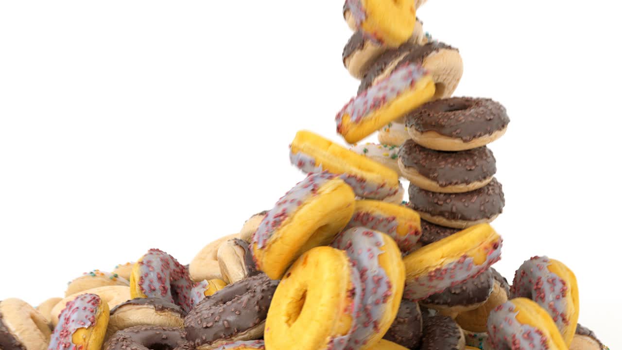 rosquillas o rosquillas esmaltadas con flujo de hielo que caen en cámara lenta. animación 3d, renderización 3d