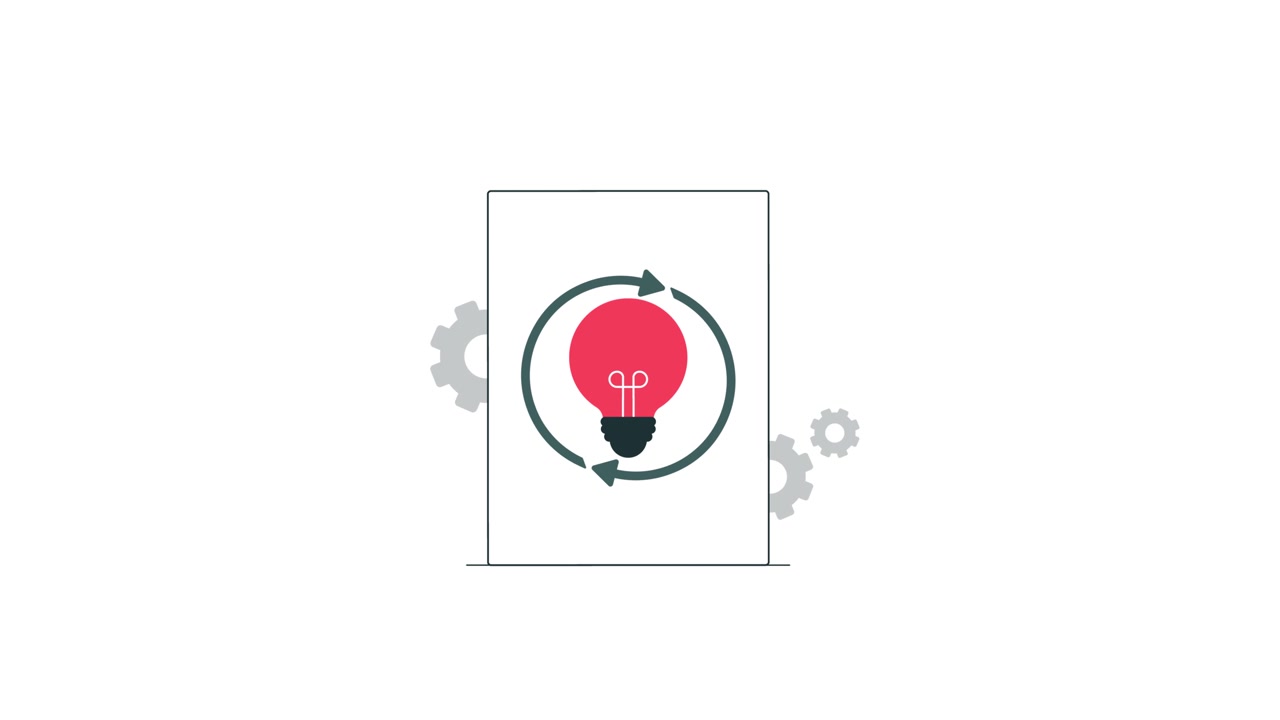 Animated Illustration of Light Bulb with Rotating Arrows and Gears