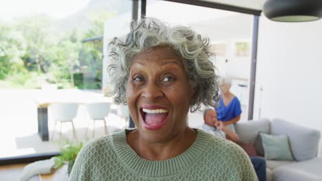 portrait of happy senior african american woman with other seniors at retirement home