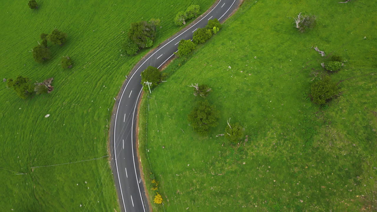 뉴질랜드 더니든 외곽의 구불구불한 황량한 도로 위를 날아가는 버드아이 항공