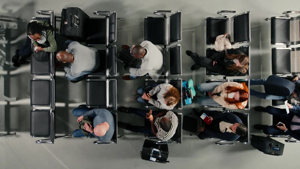 Talking, top down view and people in airport hub discussing