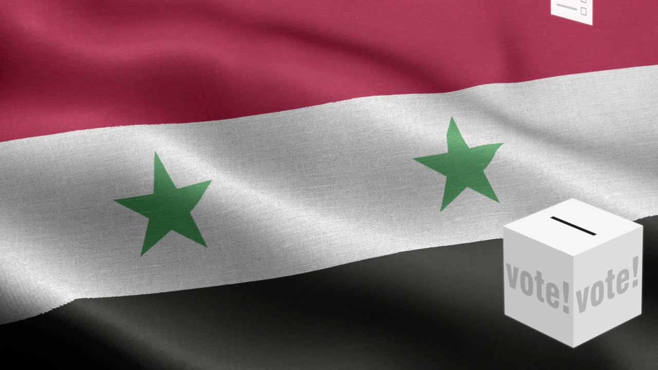 las papeletas de votación vuelan a la caja para la selección de siria - caja de votación frente a la bandera - elección - voto - bandera de siria - bandera de syria alto detalle - bandera nacional patrón de ondas de siria elementos loopable - textura de tela y bucle sin fin