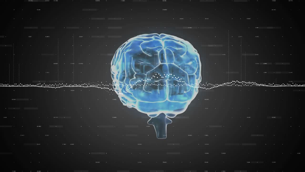 3D translucent blue brain model glowing at center, white data waveform streaming through network