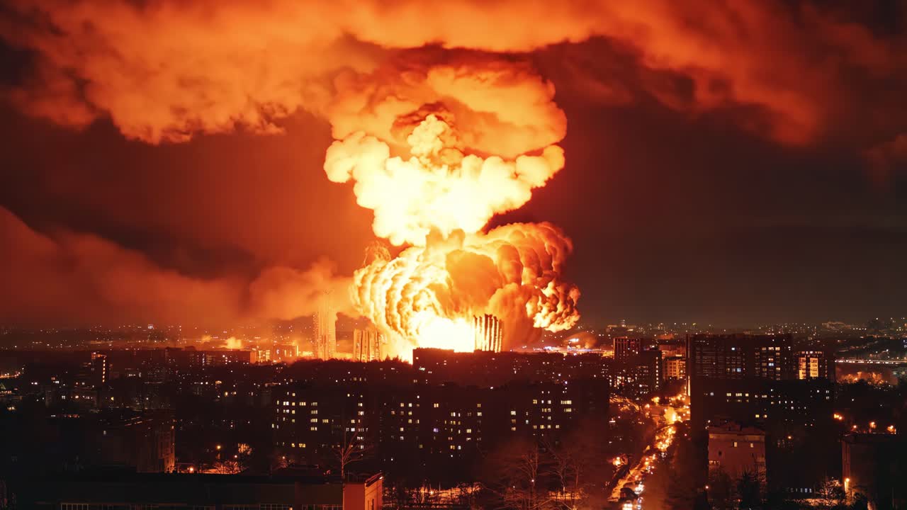 Massive fire rising from explosive blast spreading destructive orange red flames across darkened urban landscape, generating overwhelming sense of apocalyptic devastation