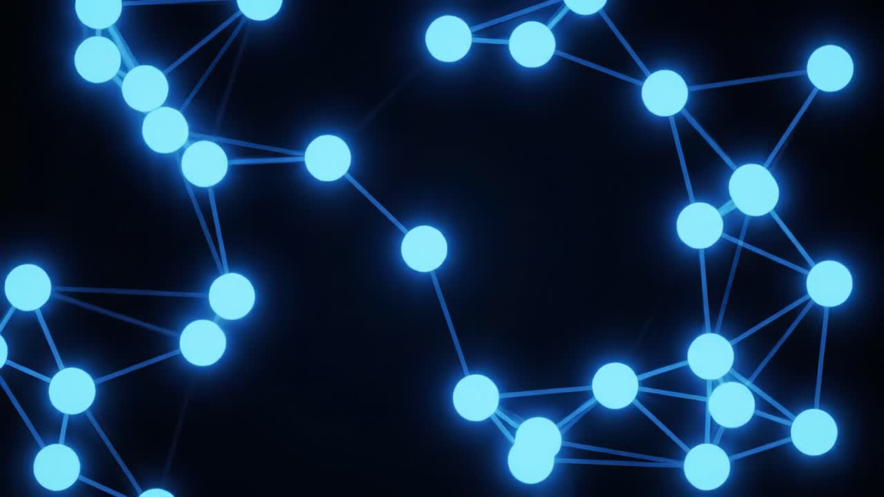 Glowing nodes interconnected by vibrant lines create a mesmerizing digital network. This composition showcases the beauty of technology against a dark background.