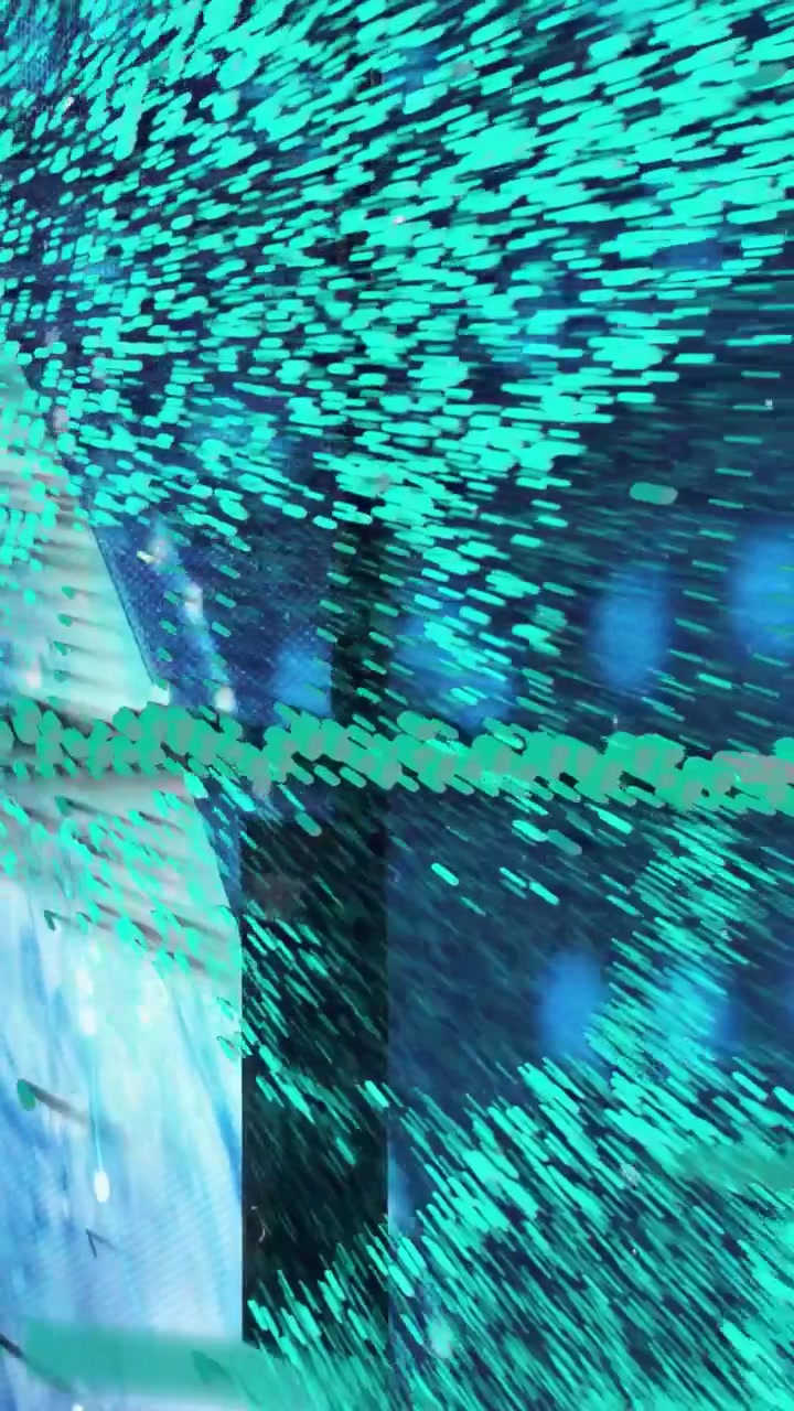 Video verticale: Pannello LED in riproduzione mostra una scia di particelle color verde acqua su barre in un ambiente retail, guidando i designer.
