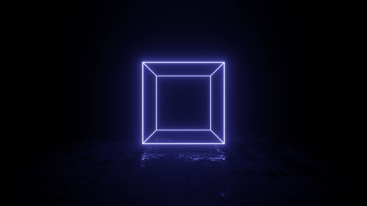 보라색 네온 가장자리를 가진 큐브는 어두운 표면 위에 회전하고 떠다닙니다. 간단한 원활한 모션 그래픽 애니메이션 배경
