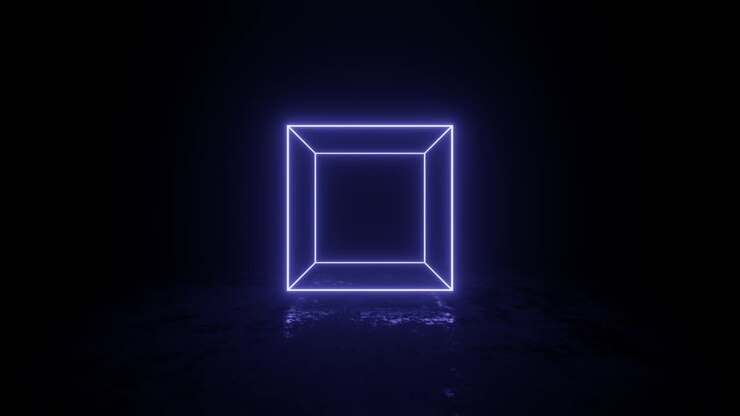 Cube with violet neon edges spins and hovers over a dark surface. Simple seamless motion graphic animated background