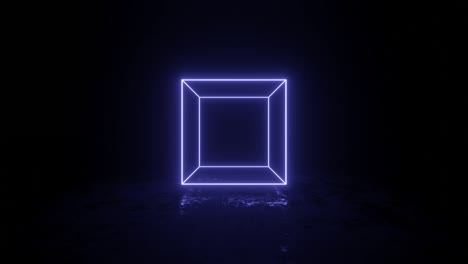 cube with violet neon edges spins and hovers over a dark surface. simple seamless motion graphic animated background