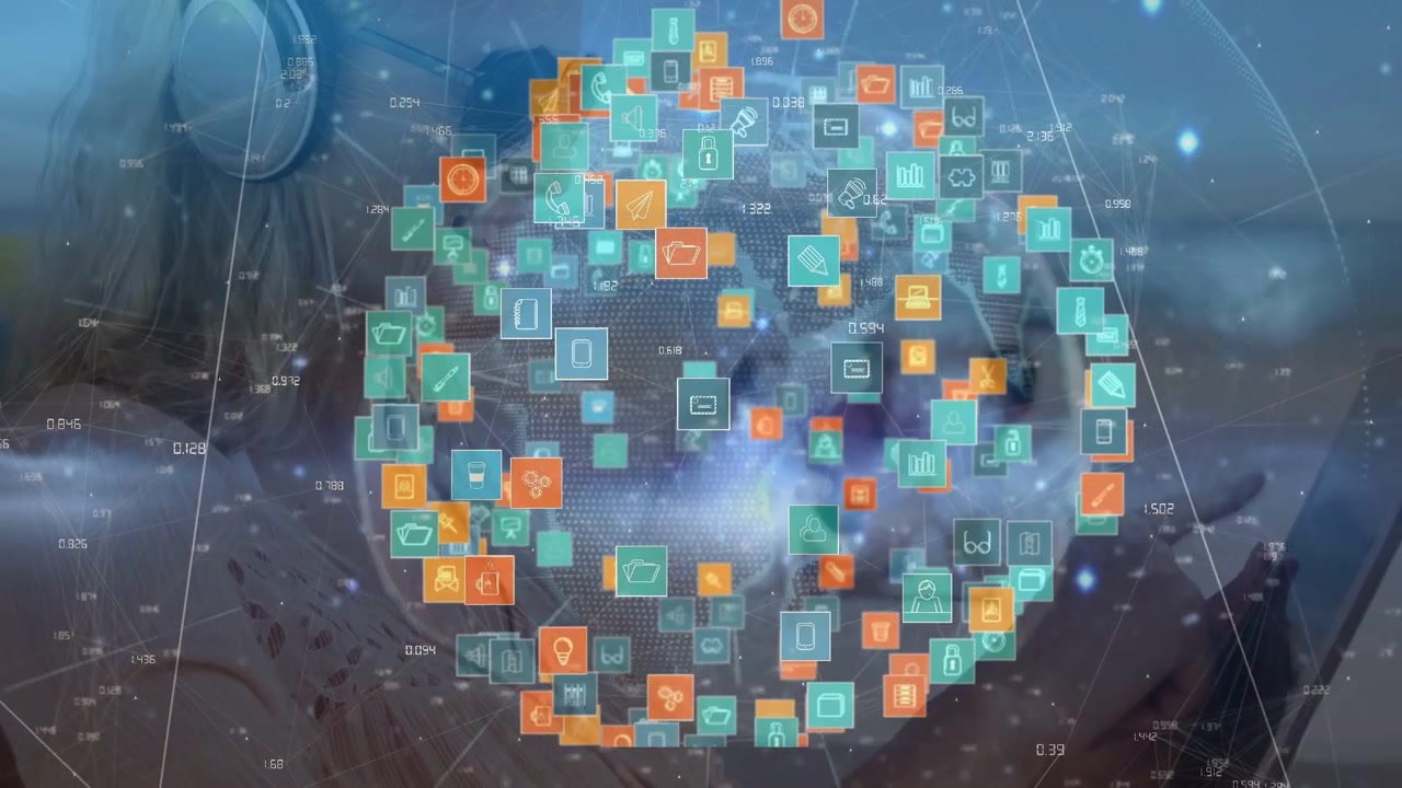 Female user tapping phone, causing rotating icon sphere pulsing over face, revealing data mesh