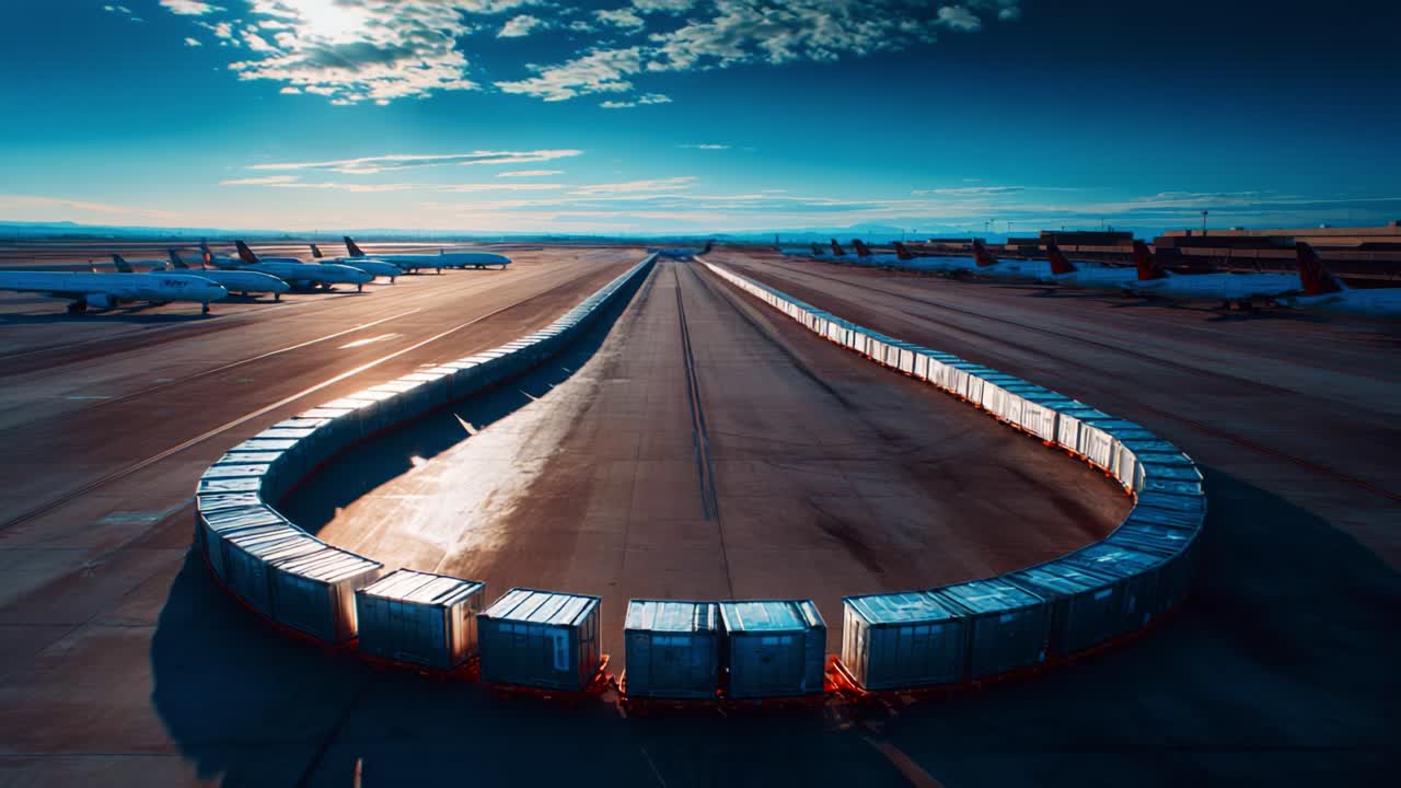 Aerial View of Curved Cargo Containers on Tarmac with Airplanes in Background Capturing the Essence of Modern Logistics and Transportation Infrastructure