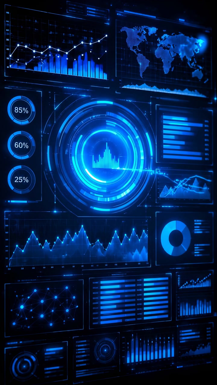 Futuristic Blue Dashboard Showing Interactive Data Analytics And Global Market Charts Glowing Circular Hub,