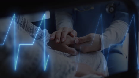 Animation-of-heart-rate-monitor-over-close-up-of-health-worker-holding-hand-of-female-patient