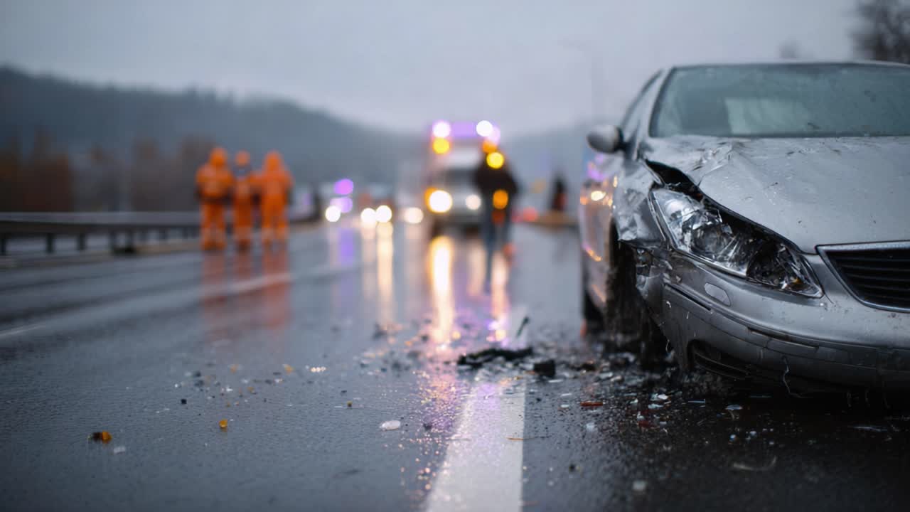 Grave incidente stradale su un'autostrada bagnata dalla pioggia, che mostra i soccorritori intervenuti sulla scena e i danni causati all'auto argentata coinvolta.