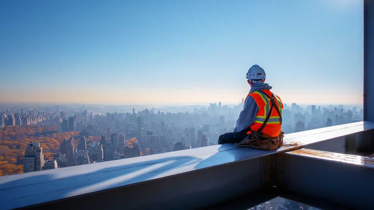 A construction worker takes a moment to relax while perched on a towering building, overlooking a breathtaking city skyline bathed in the warm light of dawn, reflecting on the heights of urban life