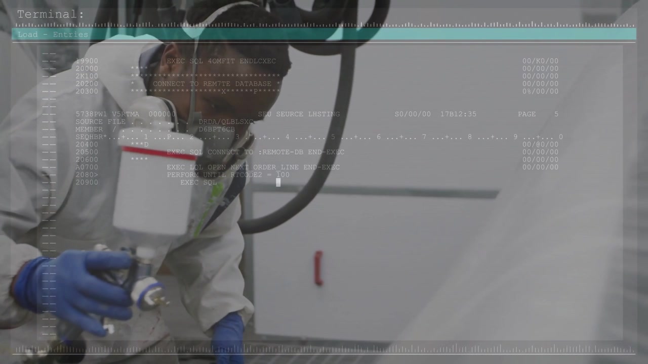 Male technician squeezing spray gun and applying coating in auto booth HUD fading in for coverage