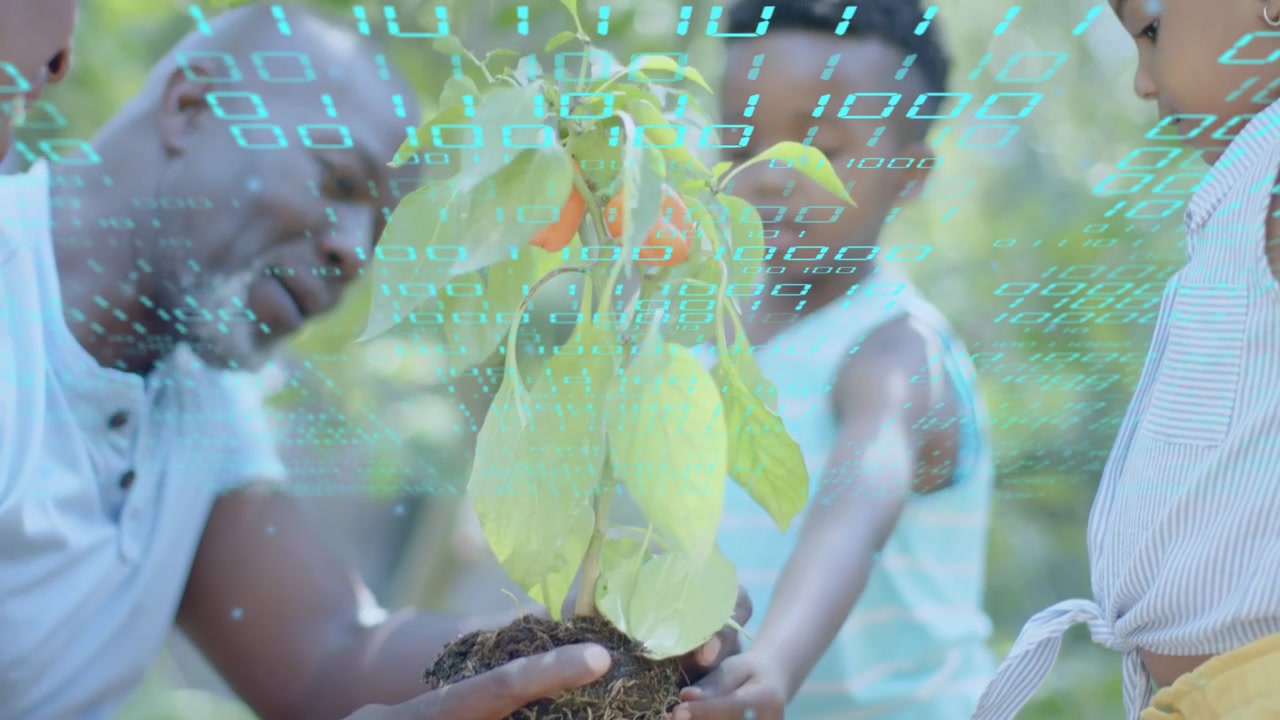 Mentor cupping plant roots and guiding two kids with blue code overlay floating, teaching planting