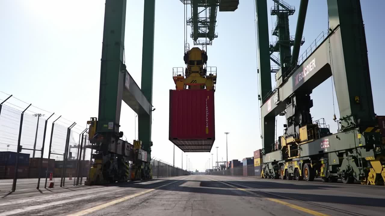 Heavy machinery operates at a bustling shipping port as a large container is carefully lifted from a trailer. Workers oversee the process ensuring safe transport of goods.