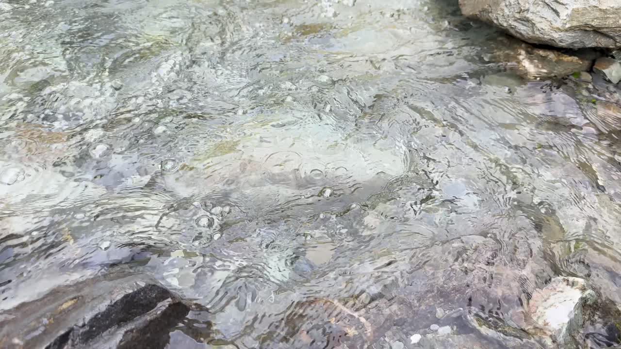Crystal-clear water flows gently over smooth rocks in a shallow mountain stream, captured in natural daylight with a steady, close-up camera angle