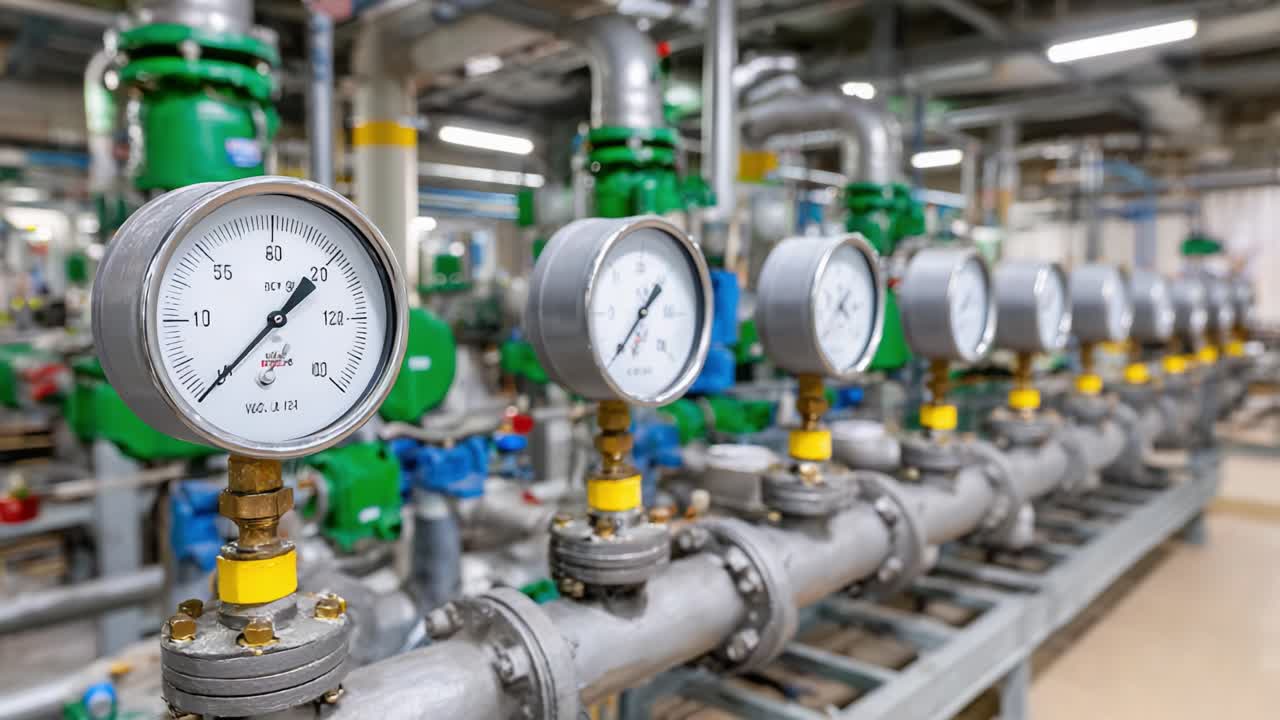 Detailed View of Industrial Pressure Gauges Installed in a Complex Pipeline System, Showcasing Monitoring Equipment for Fluid Dynamics