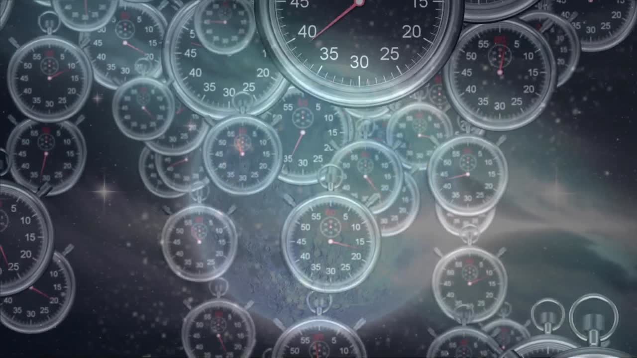 태양계, 지구 행성 및 시계의 타이킹에 대한 우주 애니메이션