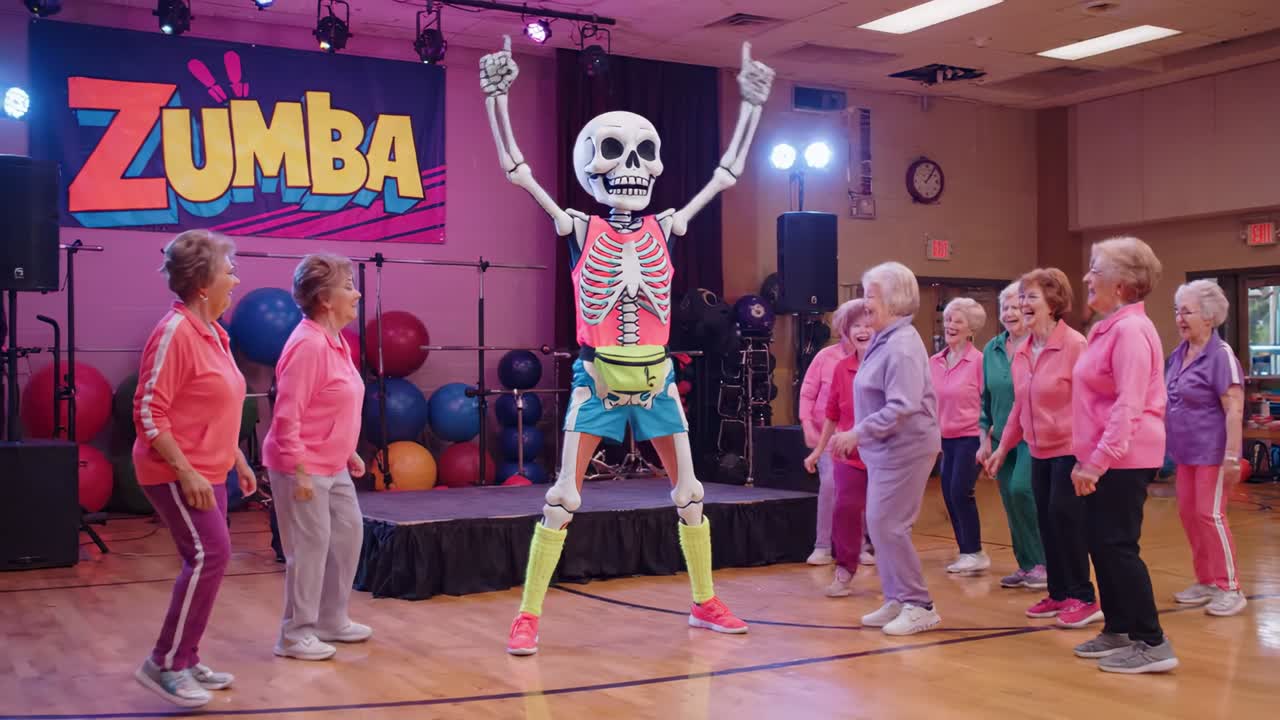 Donne anziane che si godono un'energica lezione di Zumba con un istruttore scheletro