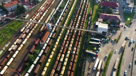 aerial view of abandoned train wagons used as oil freighters in batumi, georgia