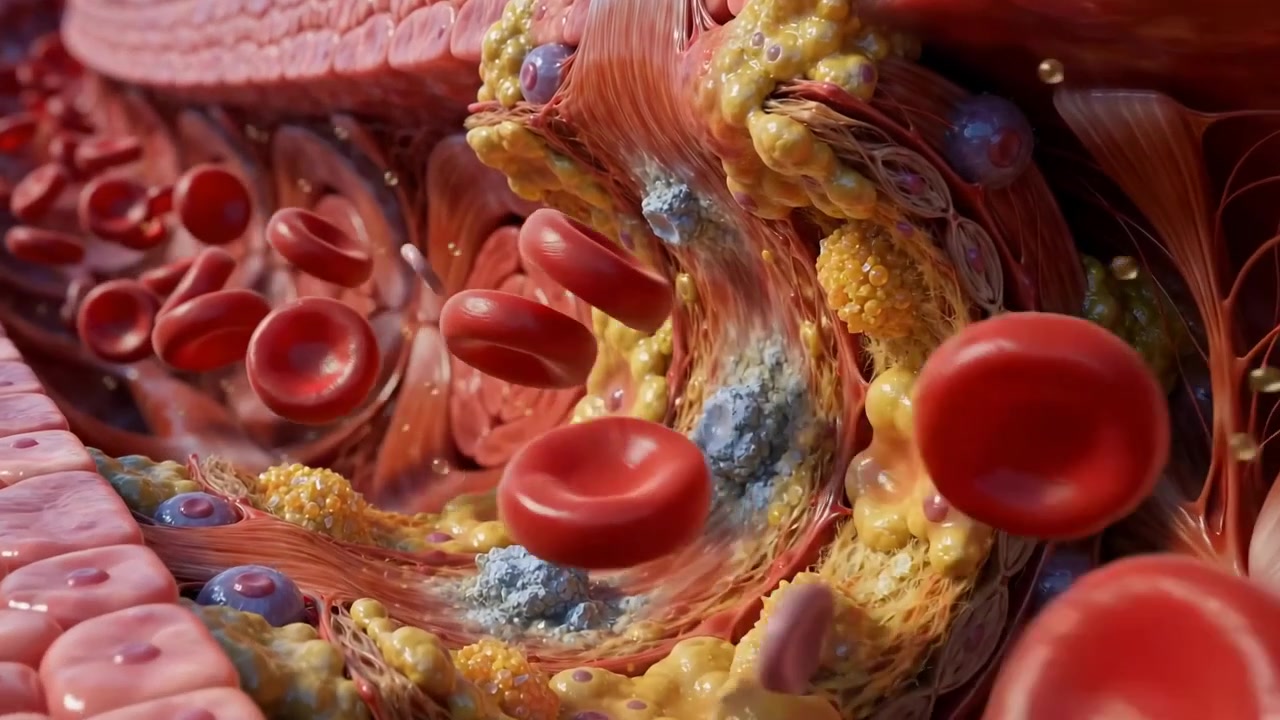 Animazione medica 3D dell'accumulo di placca arteriosa, depositi di grasso che restringono il vaso in dettaglio educativo