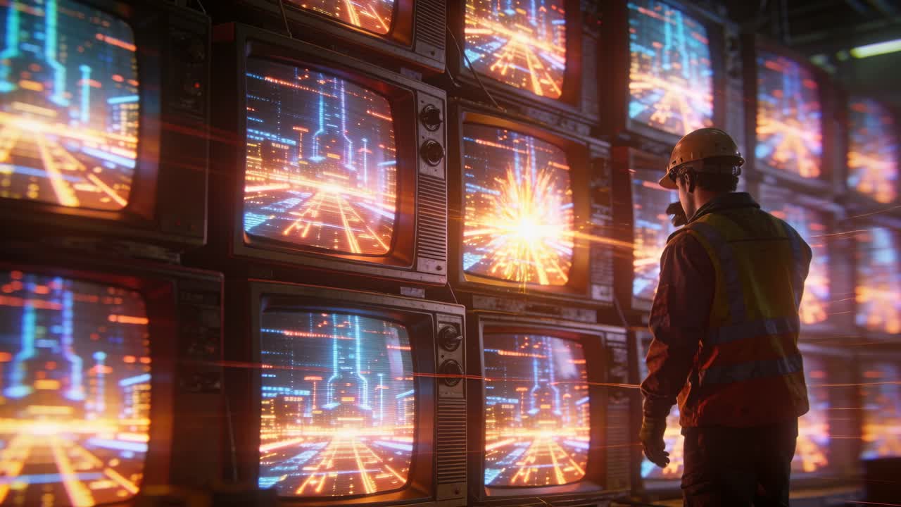Technician inspecting CRT tech wall, watching one screen flashing and emitting orange lens flare