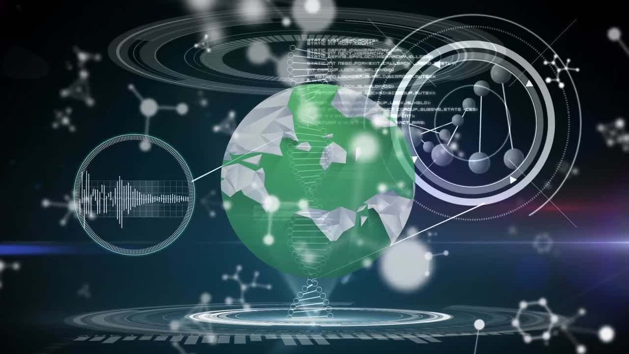 анимация молекул, научных данных и глобуса на черном фоне