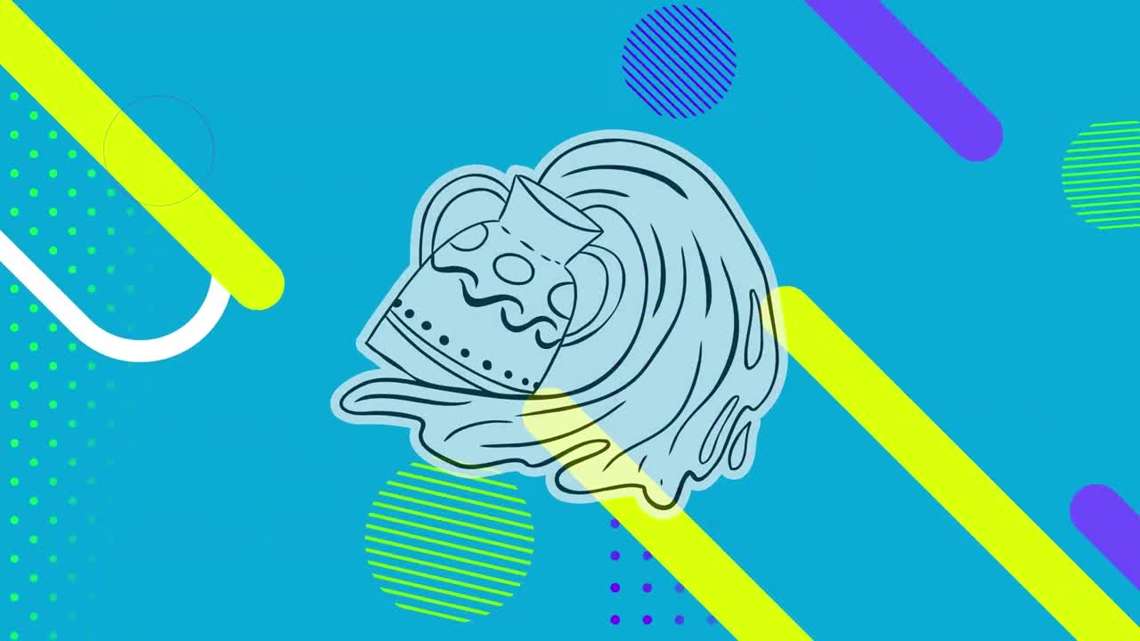 다양한 모양의 파란색 배경 위에 아쿠아리우스 기호의 애니메이션