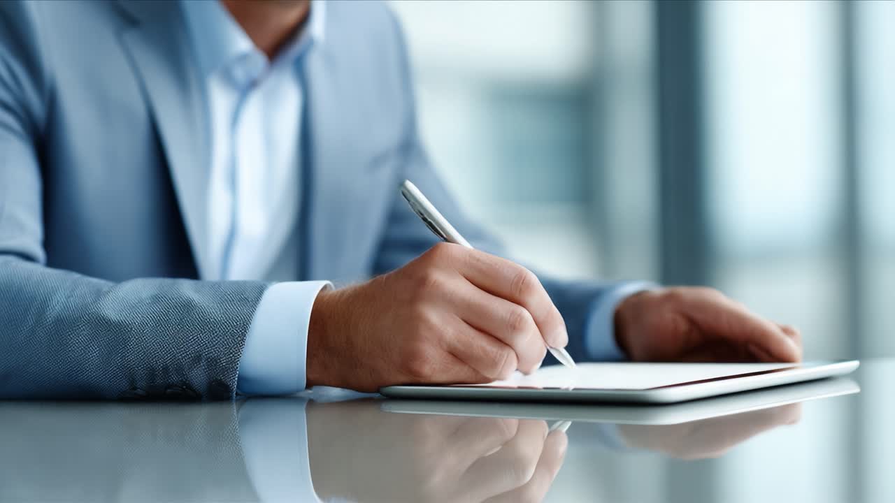 Professionista concentrato che prende appunti su un moderno tablet digitale mentre indossa un abbigliamento professionale, a simboleggiare l'innovazione e la produttività sul posto di lavoro