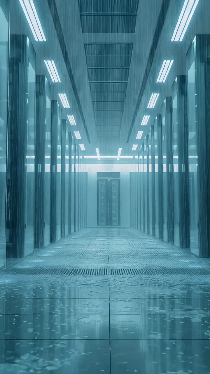 Video vertical: Cámara paneando por el pasillo central hacia abajo, luces elevándose y formando pozos de luz, columnas resplandecientes.