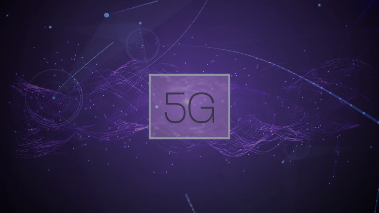 Animation of 5G text over digital network with purple and blue lines