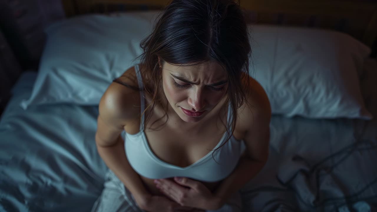 Donna adulta che si stringe il basso ventre, solleva la testa sul letto con una canottiera bianca, in cerca di sollievo