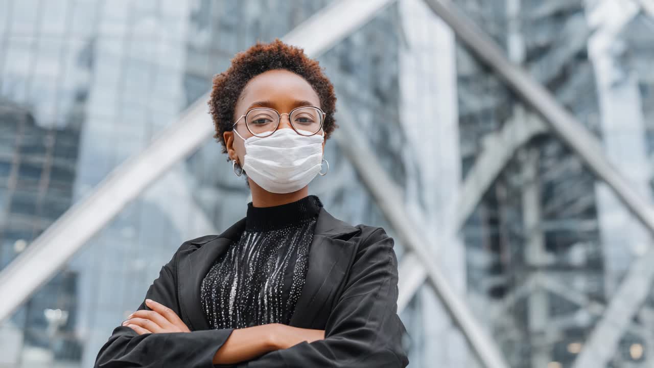 Confident Individual with Glasses and Face Mask Standing in Urban Setting Amidst Modern Architecture, Emphasizing Self-Expression and Resilience