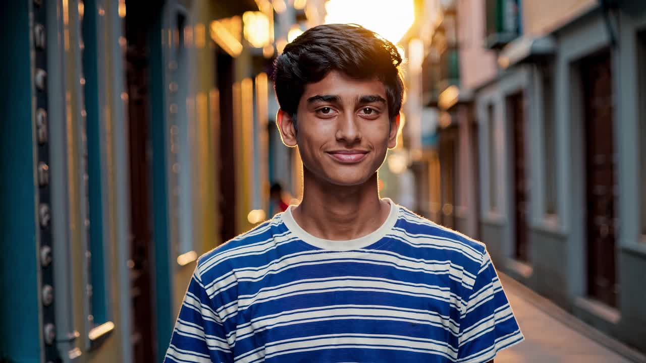 retrato de un adolescente confiado con una camiseta a rayas, sonriendo mientras está de pie en una calle estrecha bañado en el caloroso resplandor de la luz del sol de la hora dorada