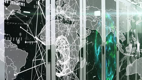 Animation of globe over map and connected dots against server room in background
