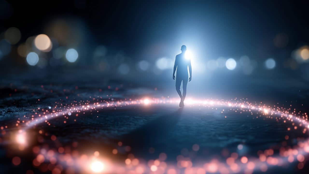 Silhouetted figure stands alone on a glowing circular path. Distant lights blur softly behind the figure's form. Glowing particles trace the circle's edge, pulsing gently. The figure gazes forward