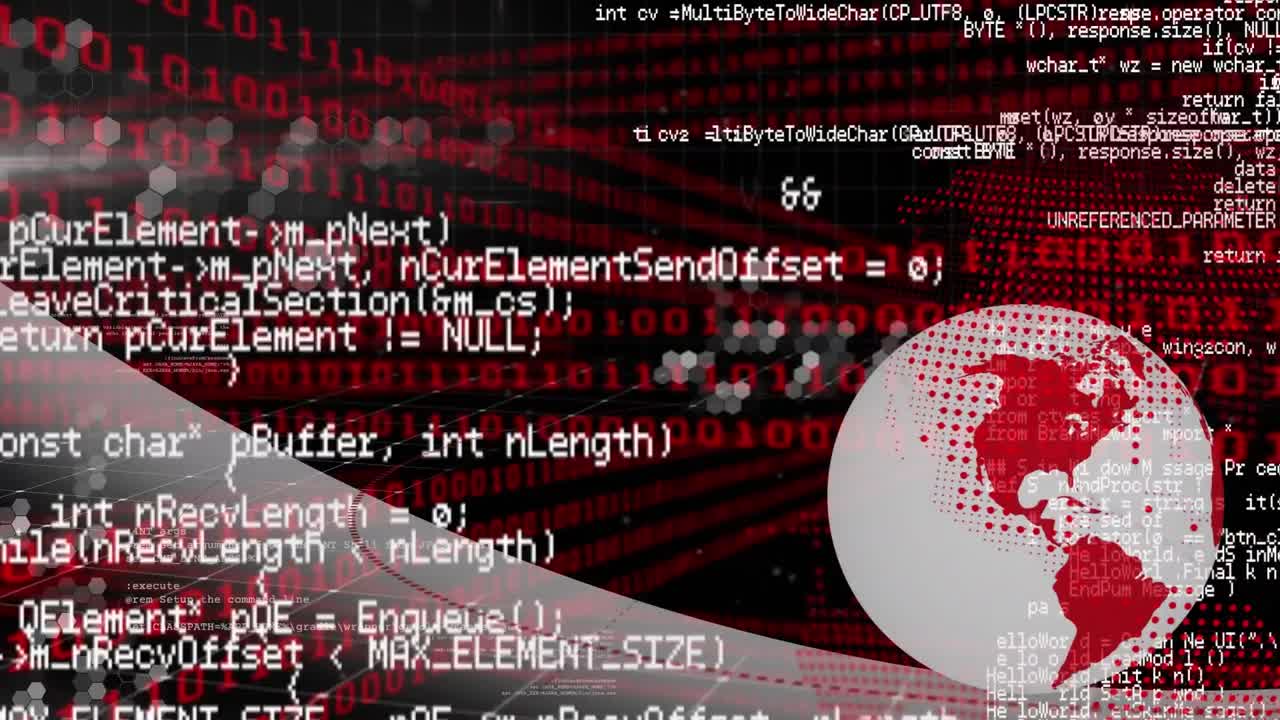 animación del lenguaje informático sobre globo giratorio y códigos binarios en fondo negro.