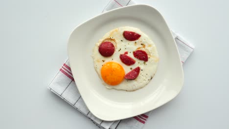 Fried-egg-mixed-with-sausage-on-a-plate