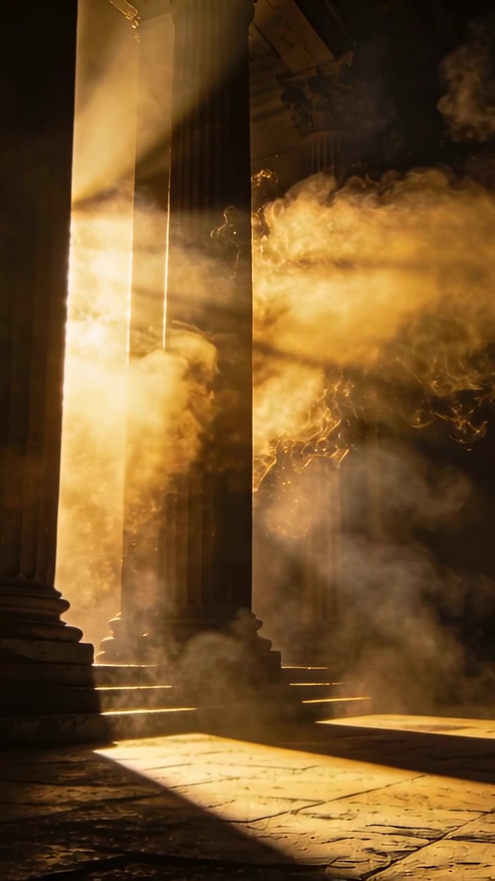 Video verticale: Luce solare ad angolo basso che trafigge una colonna scanalata di pietra in un portico, sollevando polvere sui gradini.